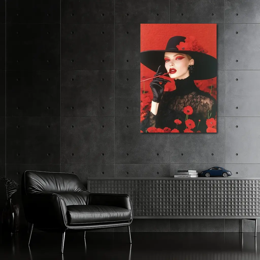 Fashion Woman Black Hat Red Poppies – Wall Art
