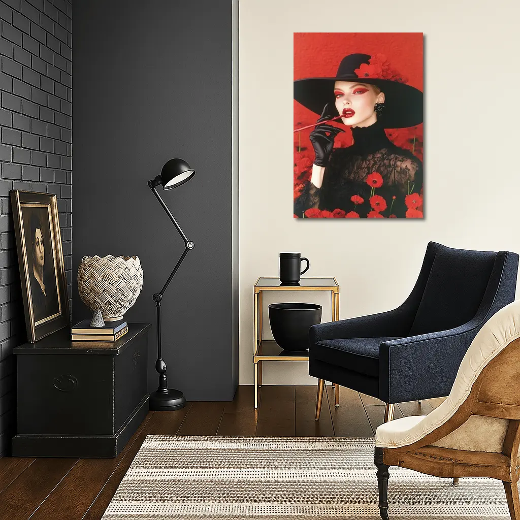 Fashion Woman Black Hat Red Poppies – Wall Art