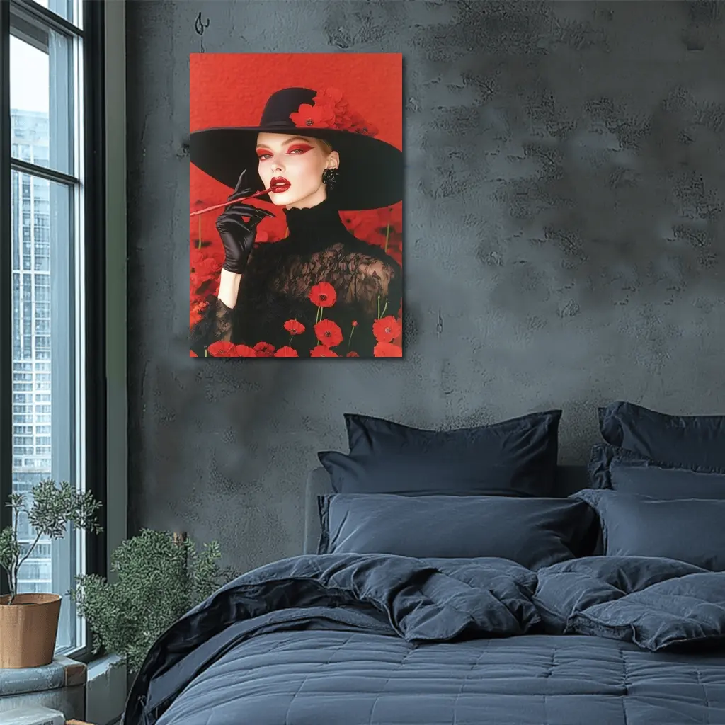 Fashion Woman Black Hat Red Poppies – Wall Art