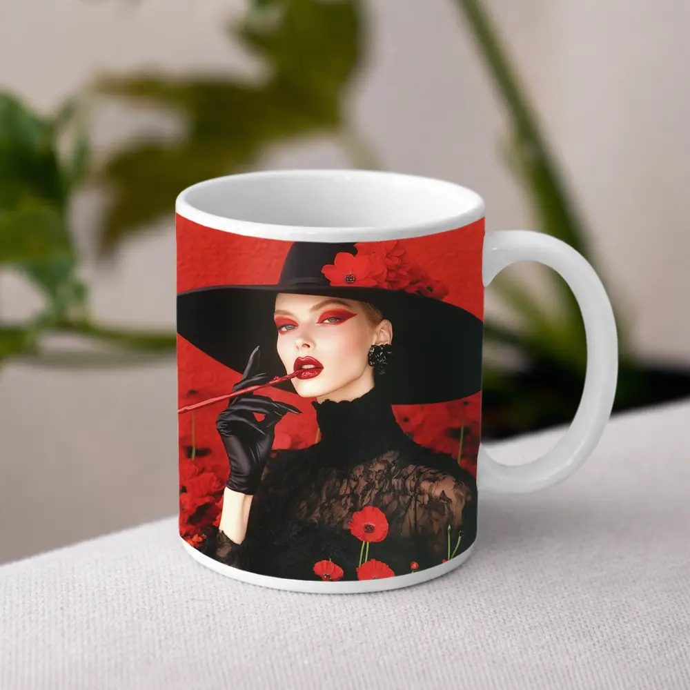 Fashion Woman Black Hat Red Poppies – Mugs