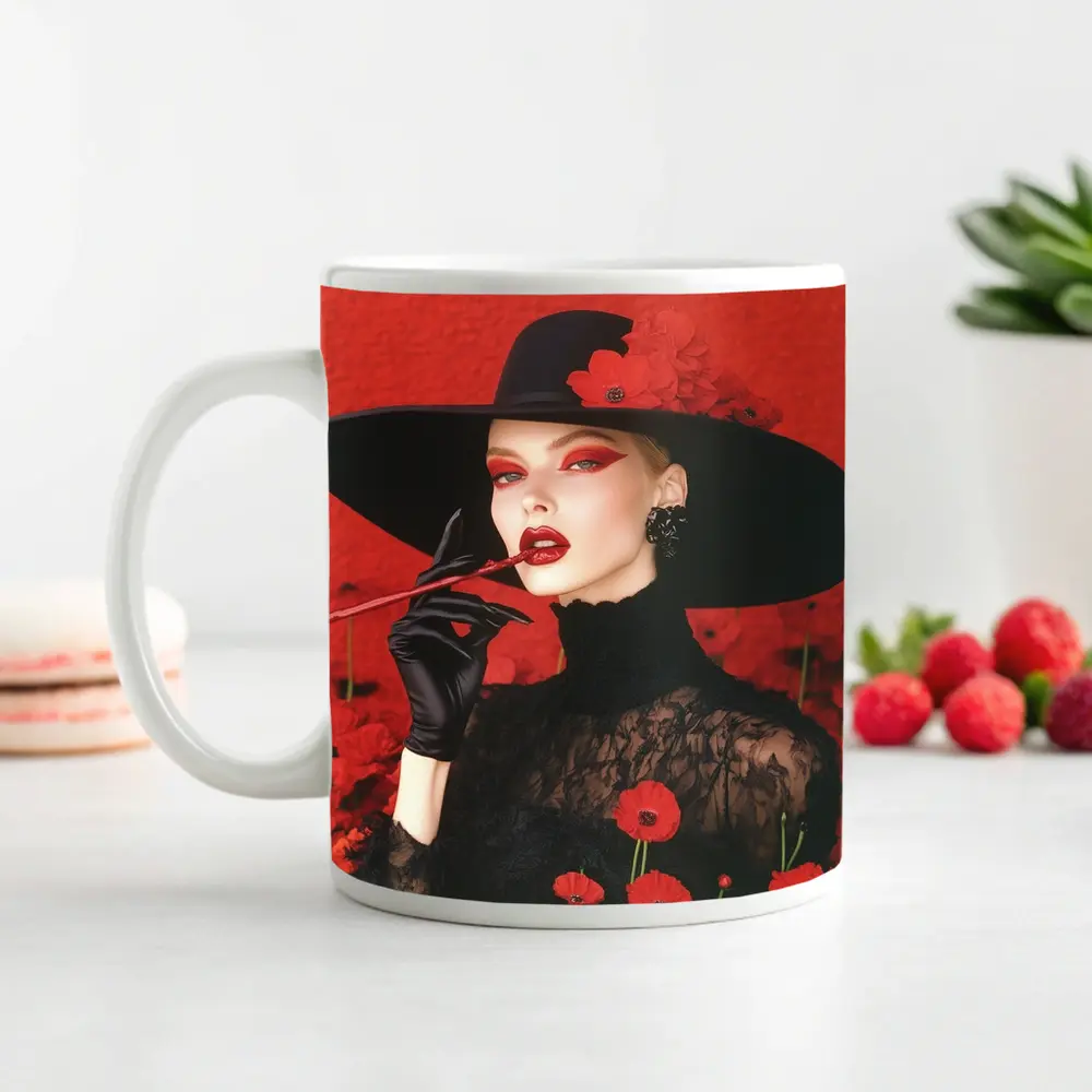 Fashion Woman Black Hat Red Poppies – Mugs