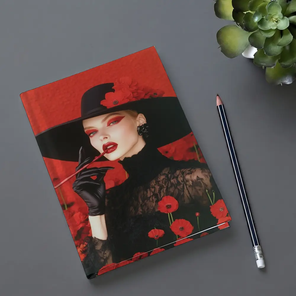Fashion Woman Black Hat Red Poppies – Notebooks