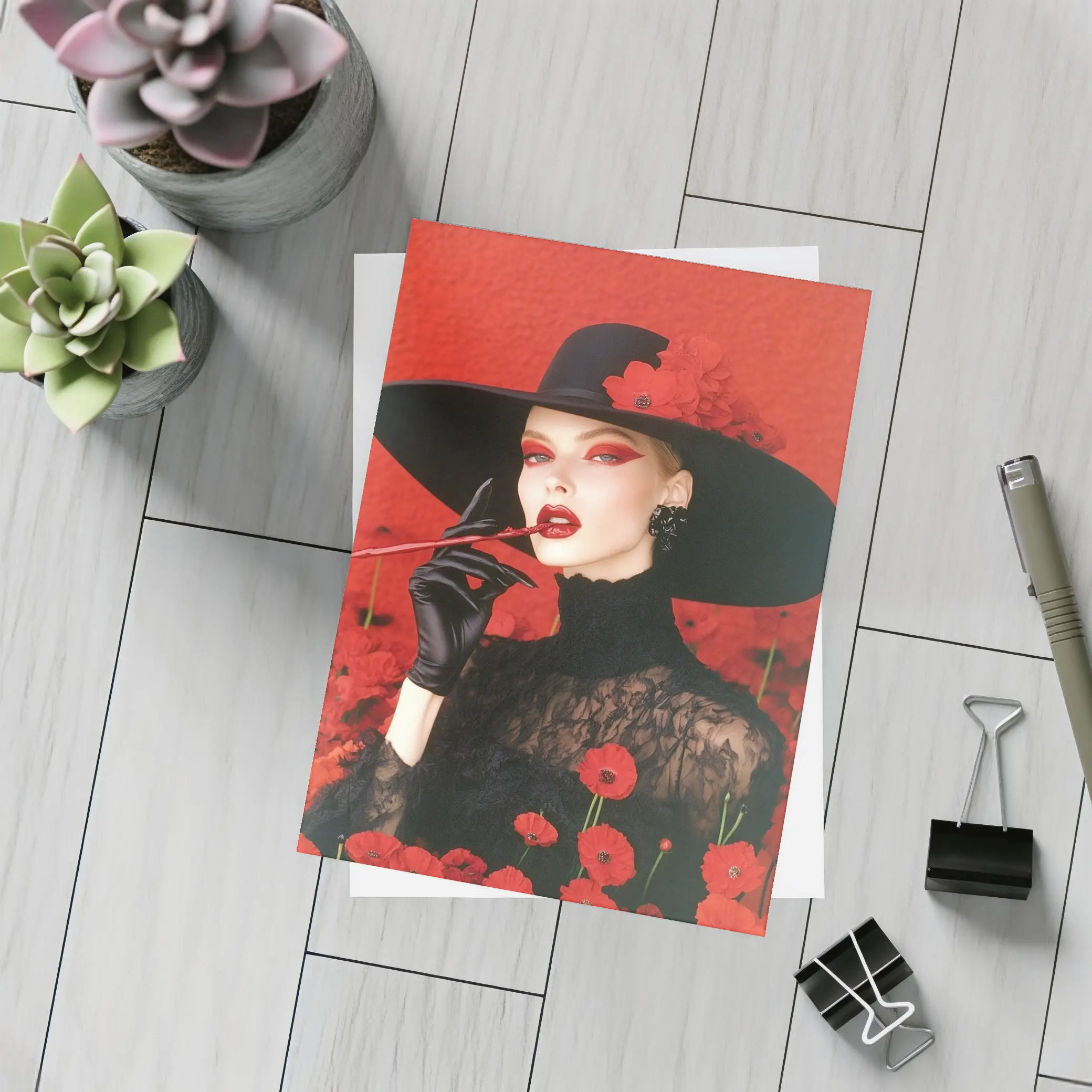 Fashion Woman Black Hat Red Poppies – Postcards