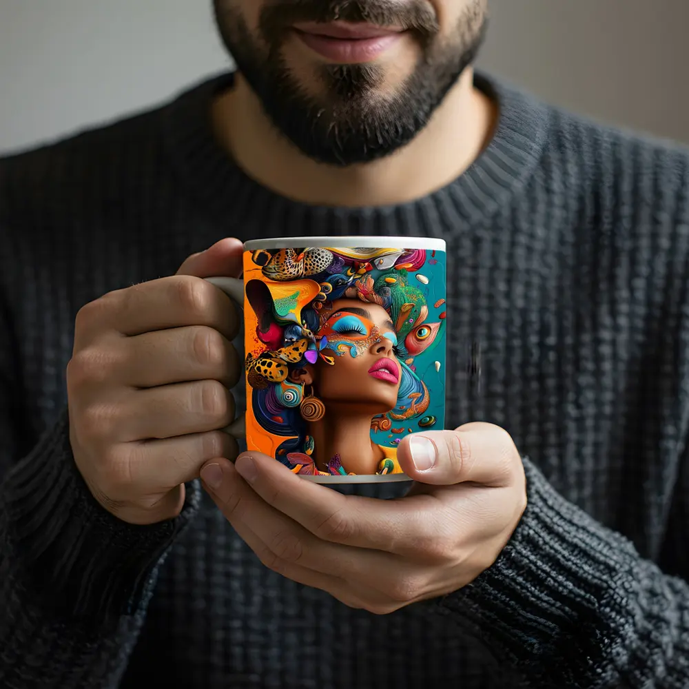 Surreal Woman Portrait With Colorful Psychedelic Elements – Mugs