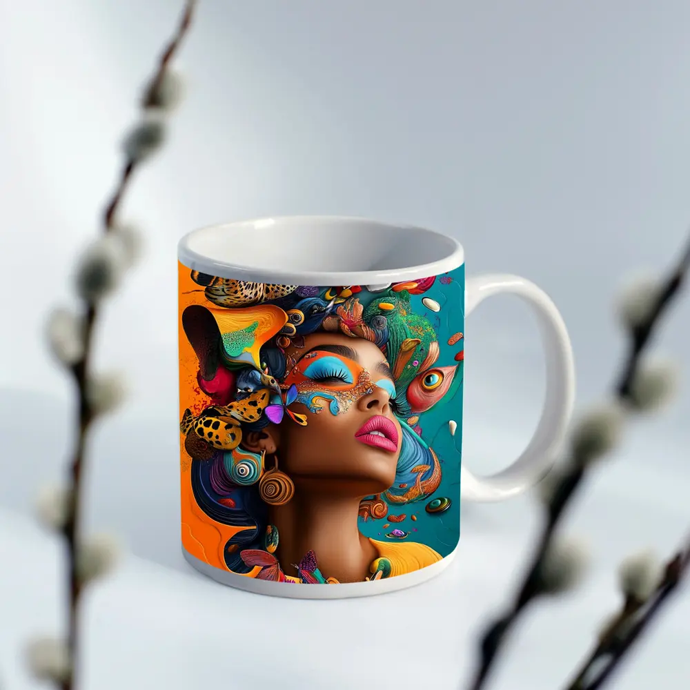 Surreal Woman Portrait With Colorful Psychedelic Elements – Mugs