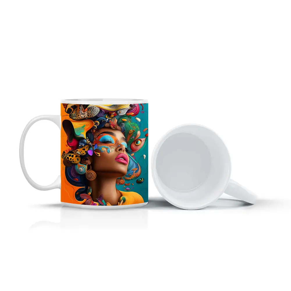 Surreal Woman Portrait With Colorful Psychedelic Elements – Mugs