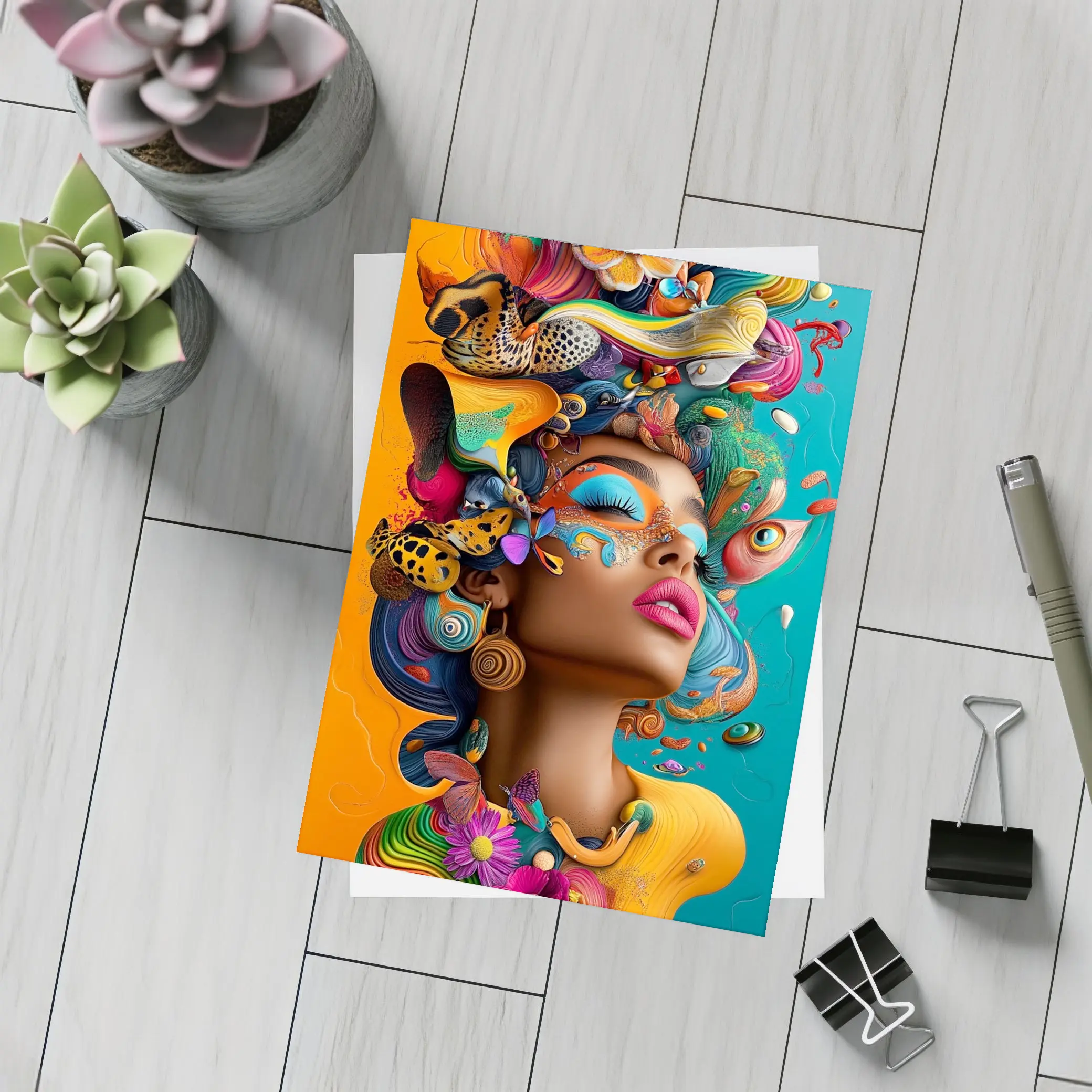 Surreal Woman Portrait With Colorful Psychedelic Elements – Postcards