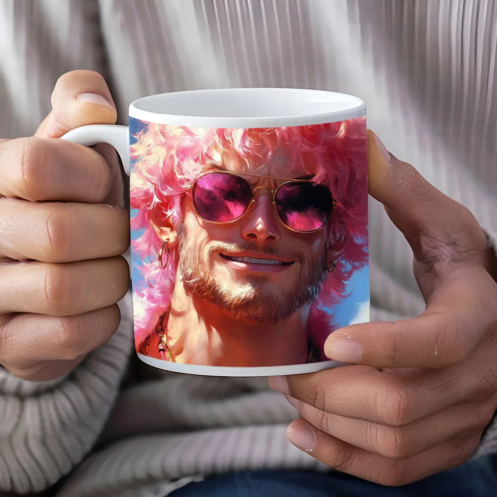 Pink Haired Man Gold Sunglasses Pop Art – Mugs