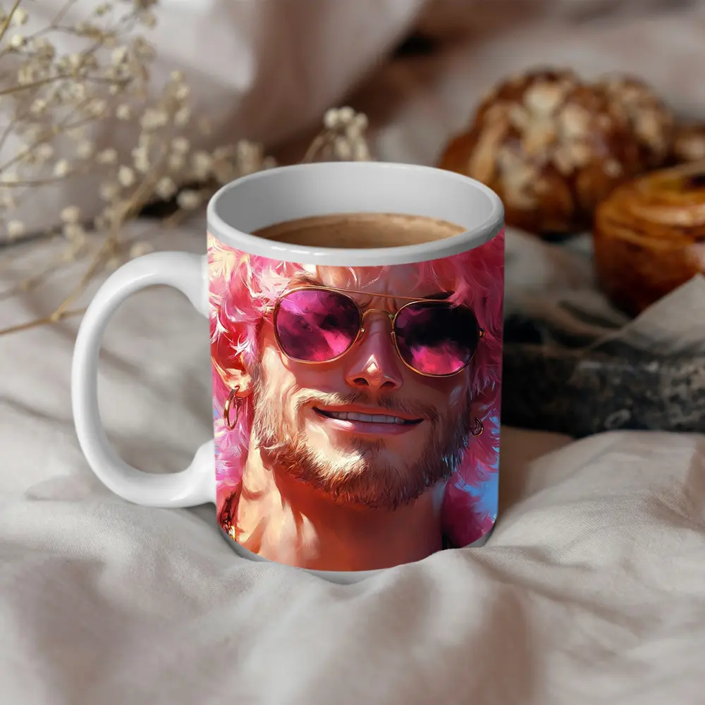 Pink Haired Man Gold Sunglasses Pop Art – Mugs