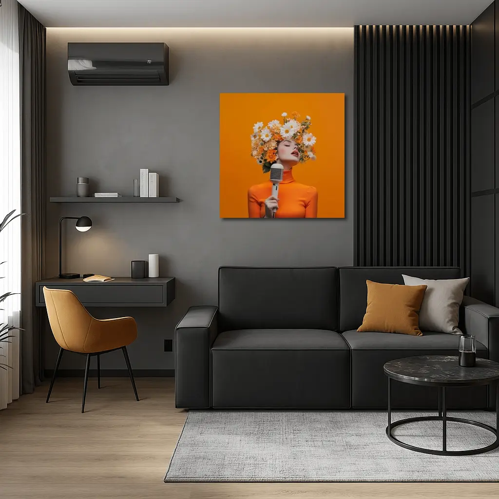 Woman Singing Flowers Head Orange Background – Wall Art