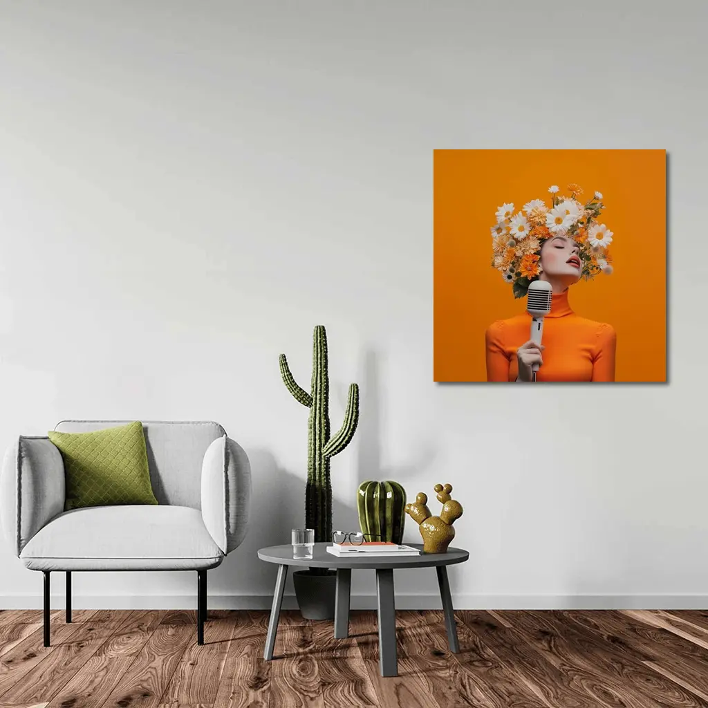 Woman Singing Flowers Head Orange Background – Wall Art