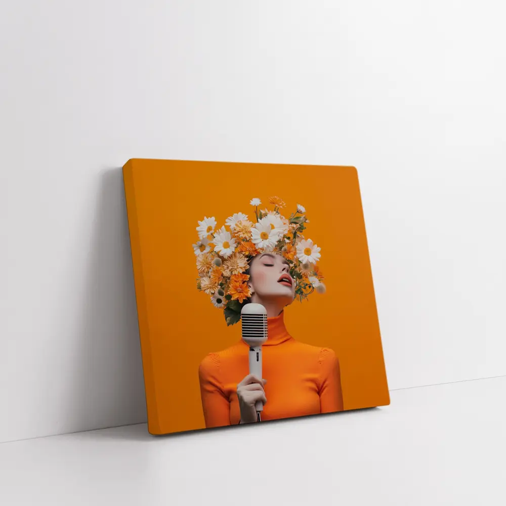 Woman Singing Flowers Head Orange Background – Wall Art