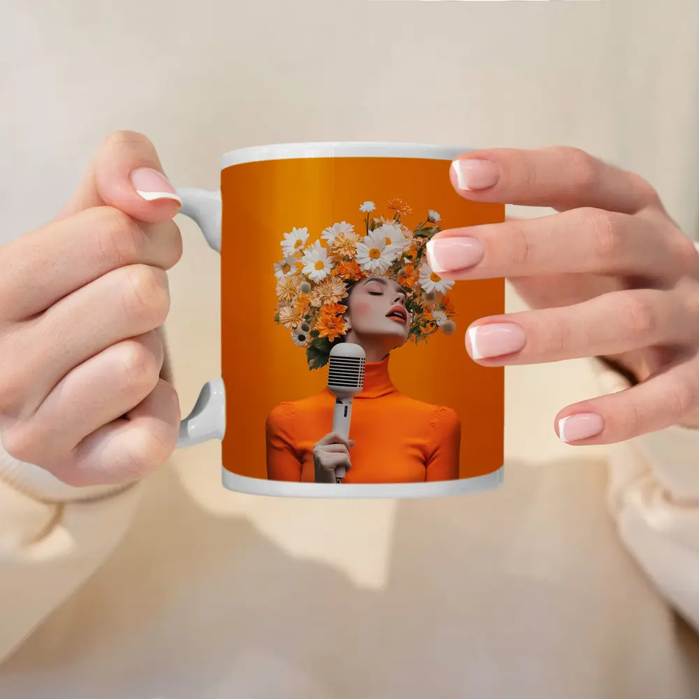 Woman Singing Flowers Head Orange Background – Mugs