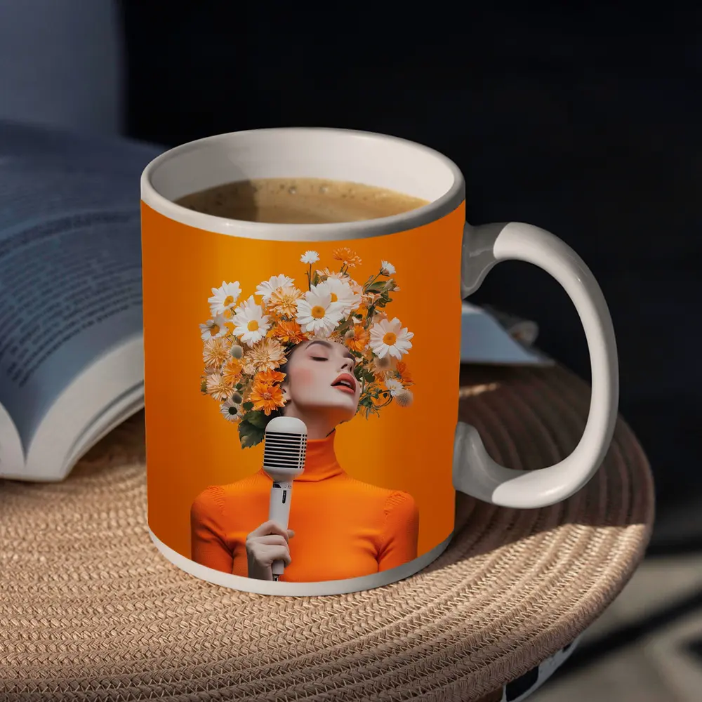 Woman Singing Flowers Head Orange Background – Mugs
