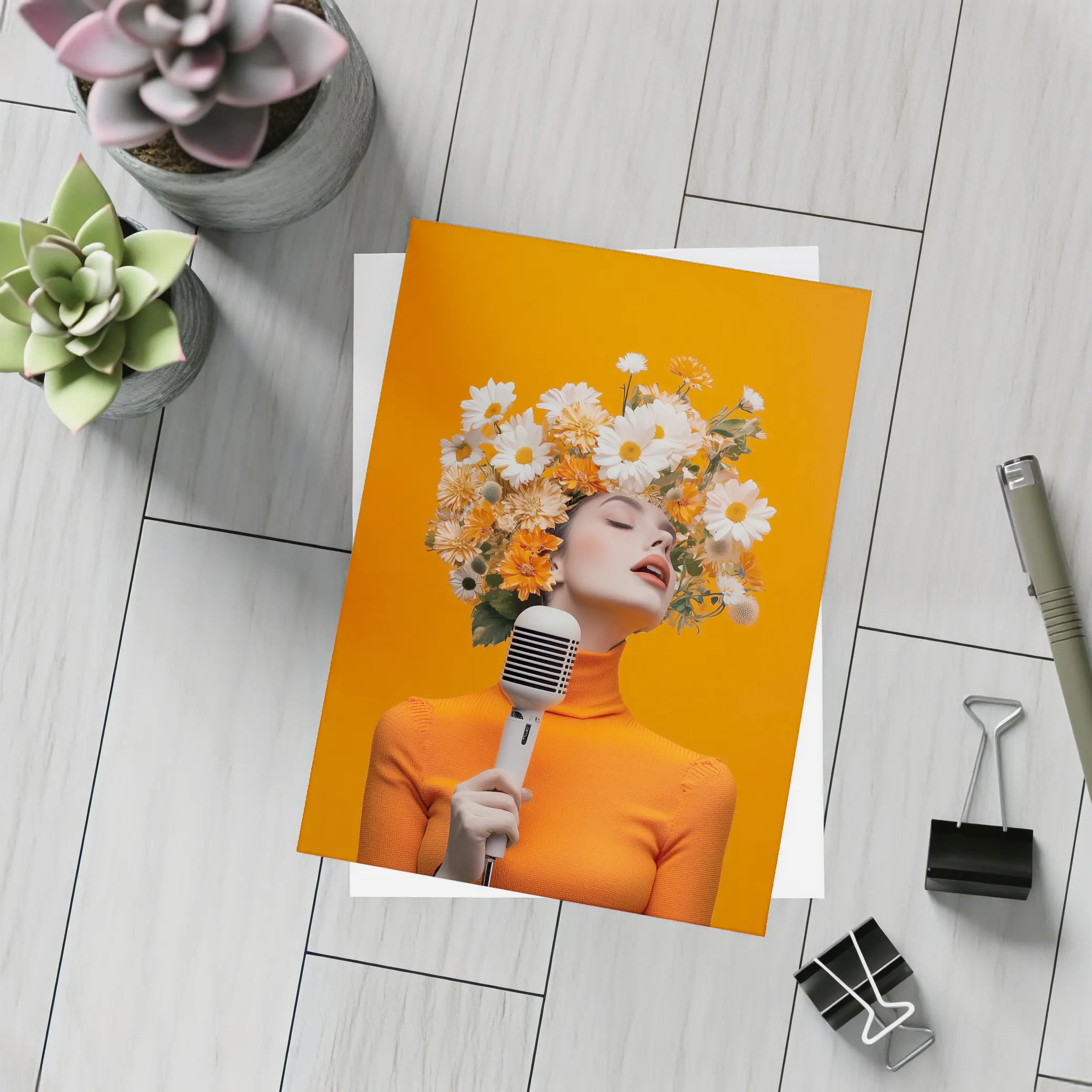 Woman Singing Flowers Head Orange Background – Postcards