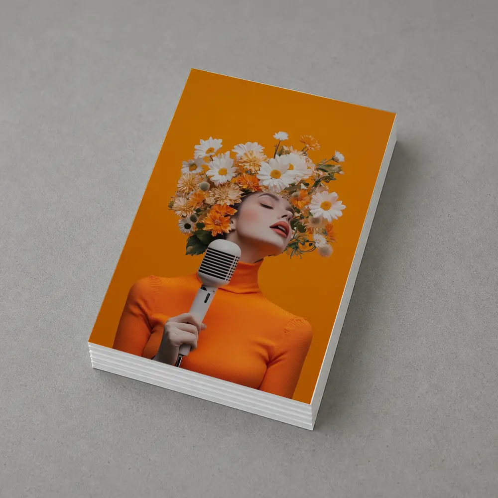 Woman Singing Flowers Head Orange Background – Postcards