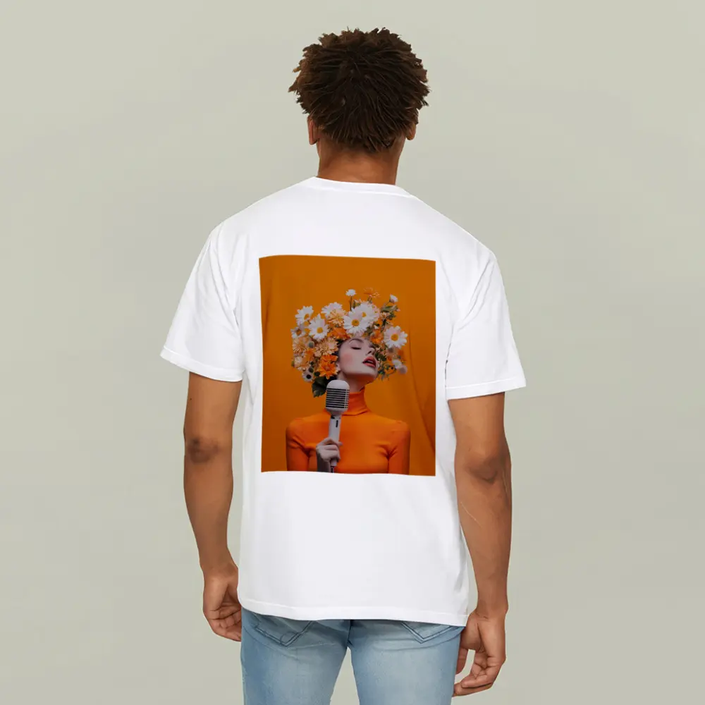 Woman Singing Flowers Head Orange Background – T-Shirts
