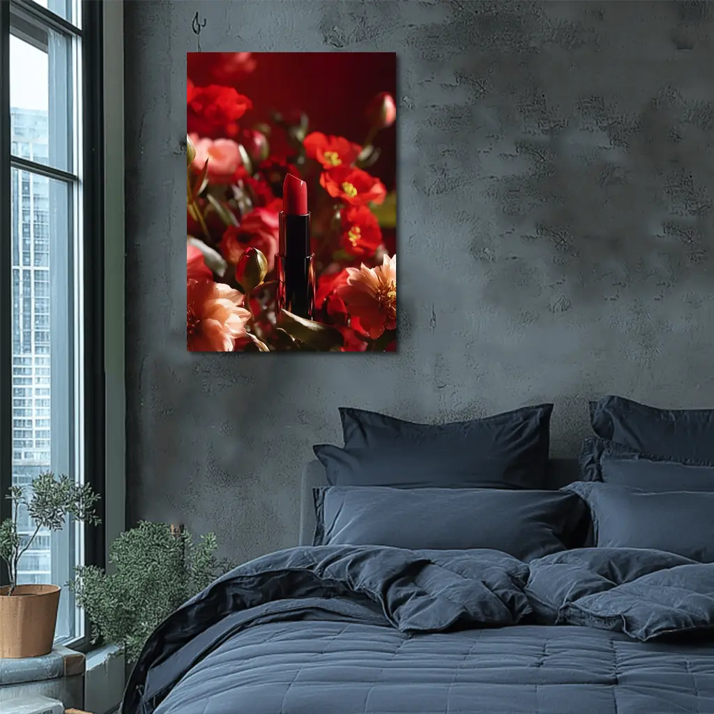 Red Lipstick Among Blooming Red Flowers – Wall Art