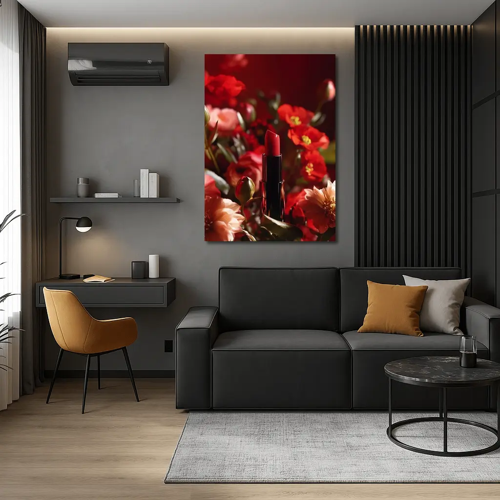Red Lipstick Among Blooming Red Flowers – Wall Art