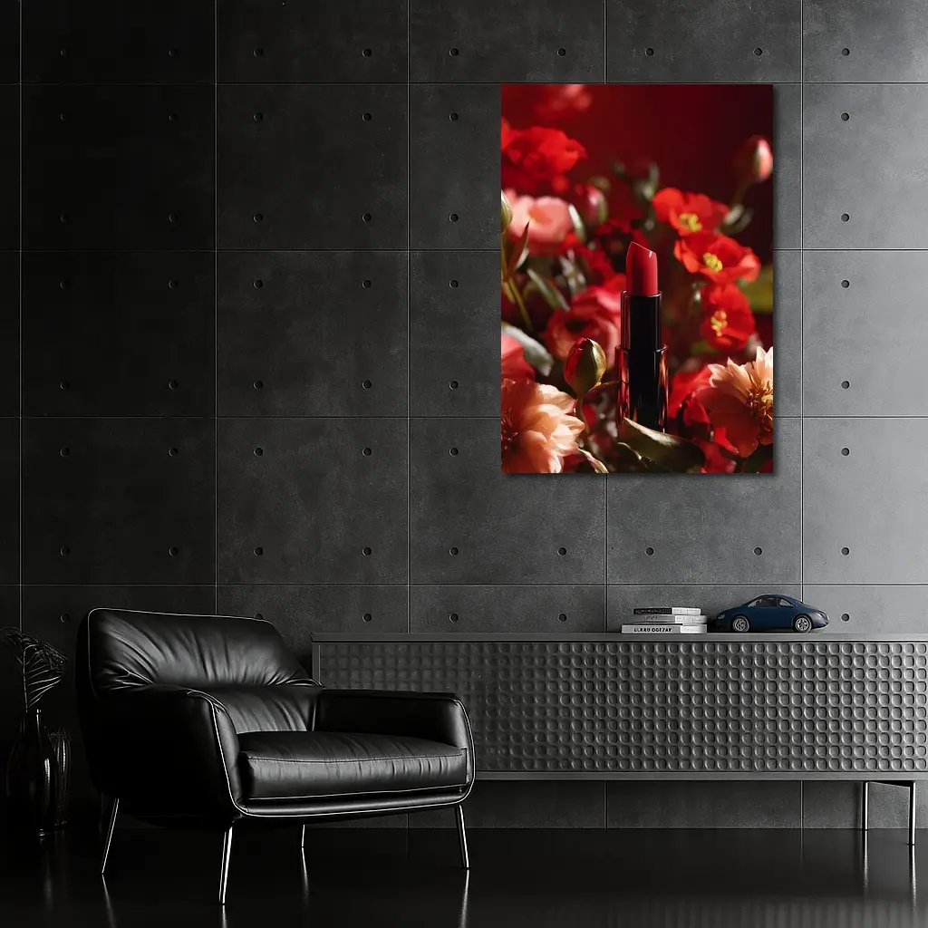 Red Lipstick Among Blooming Red Flowers – Wall Art