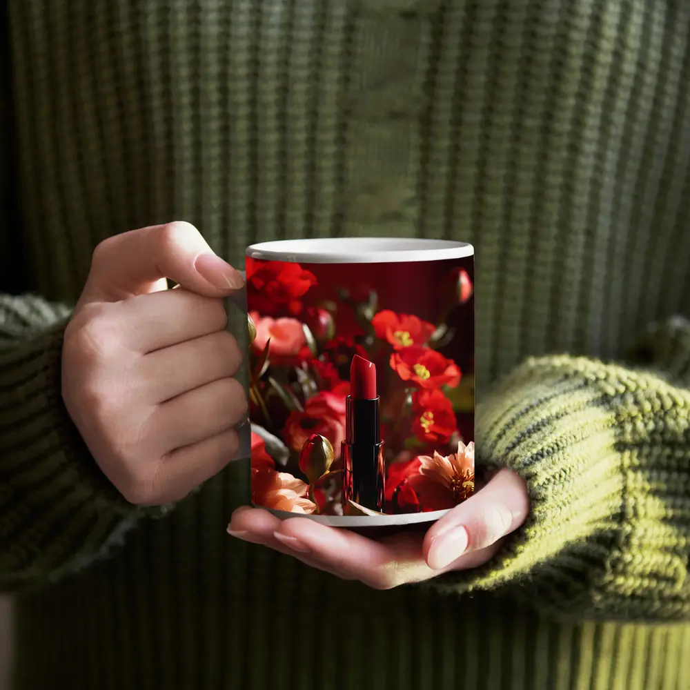 Red Lipstick Among Blooming Red Flowers – Mugs