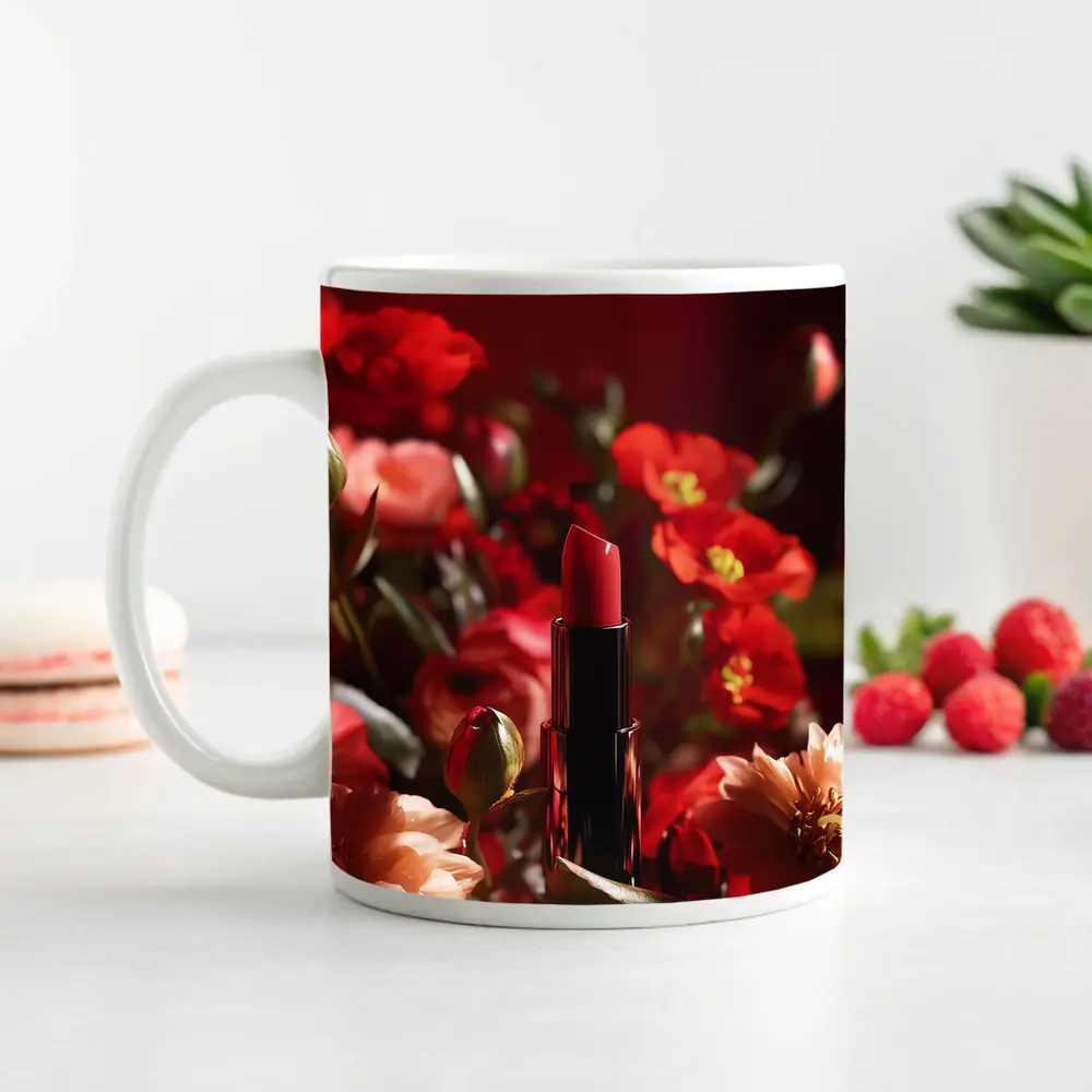 Red Lipstick Among Blooming Red Flowers – Mugs