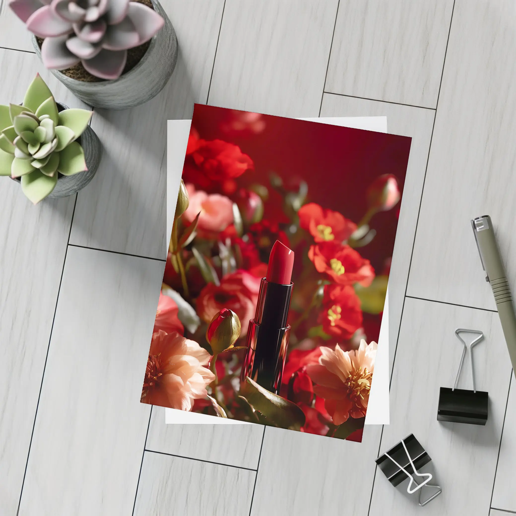 Red Lipstick Among Blooming Red Flowers – Postcards