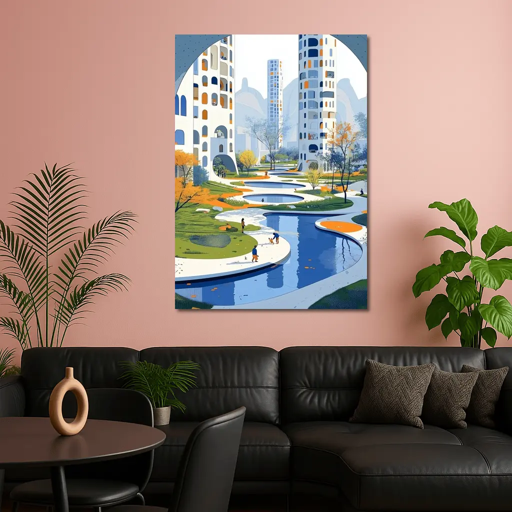 Modern City Park Illustration Blue Architecture – Wall Art