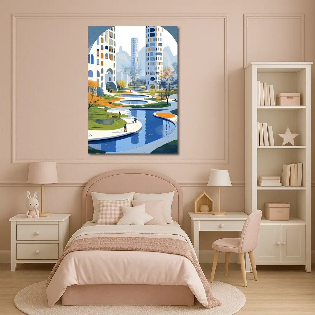 Modern City Park Illustration Blue Architecture – Wall Art