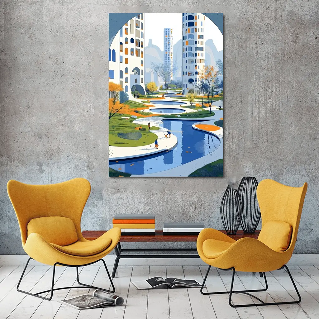 Modern City Park Illustration Blue Architecture – Wall Art
