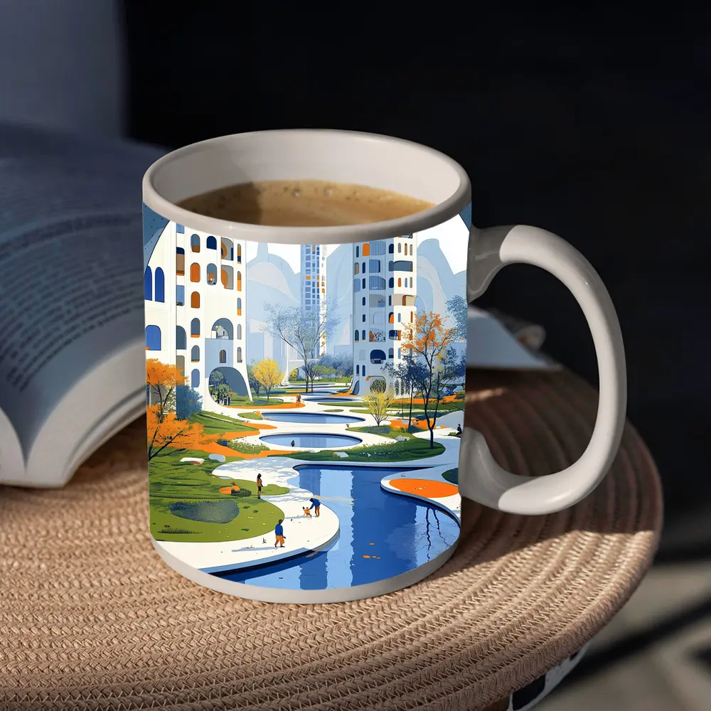 Modern City Park Illustration Blue Architecture – Mugs