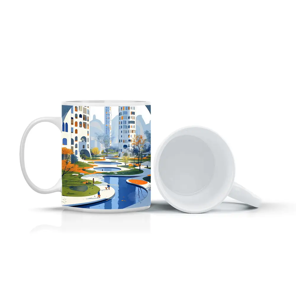 Modern City Park Illustration Blue Architecture – Mugs