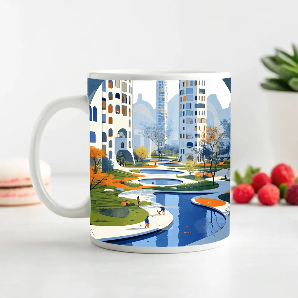 Modern City Park Illustration Blue Architecture – Mugs