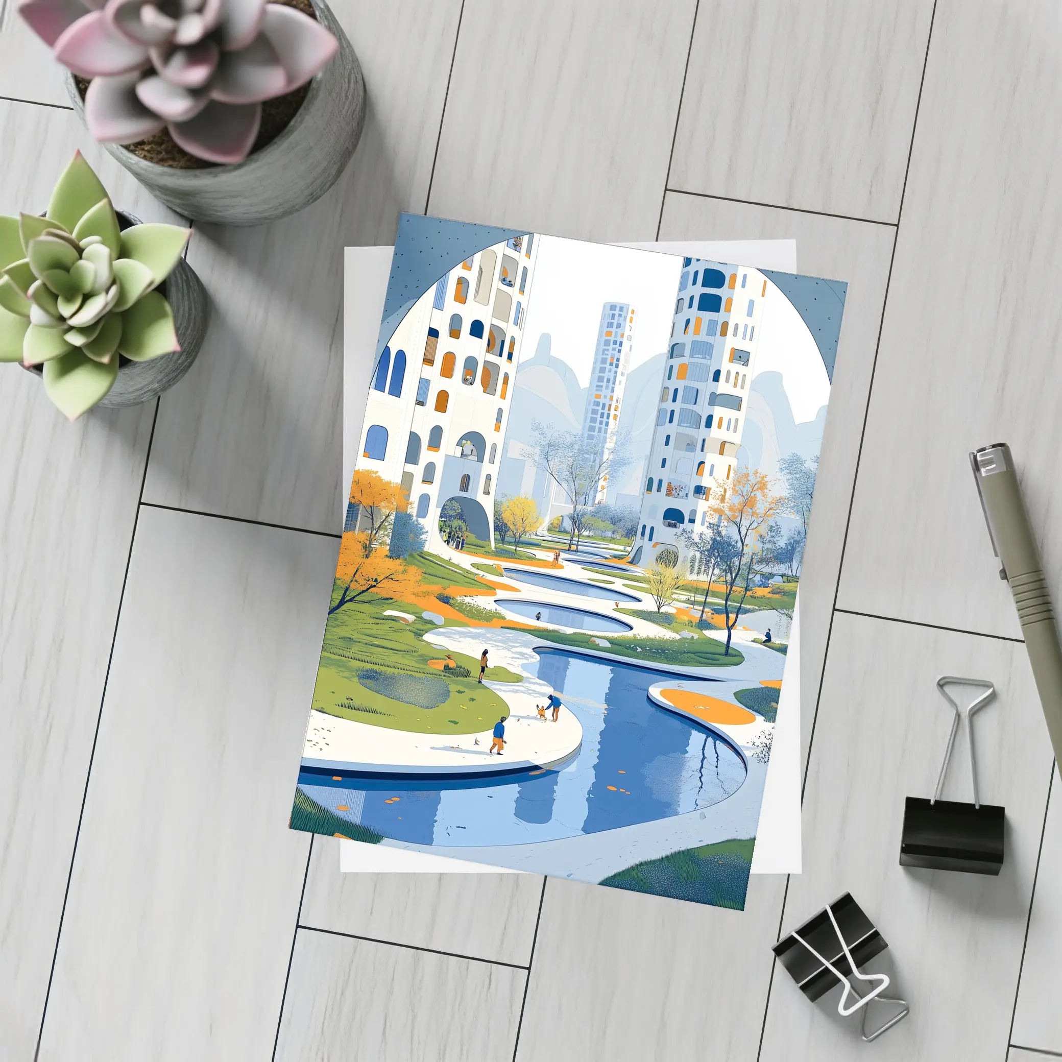 Modern City Park Illustration Blue Architecture – Postcards