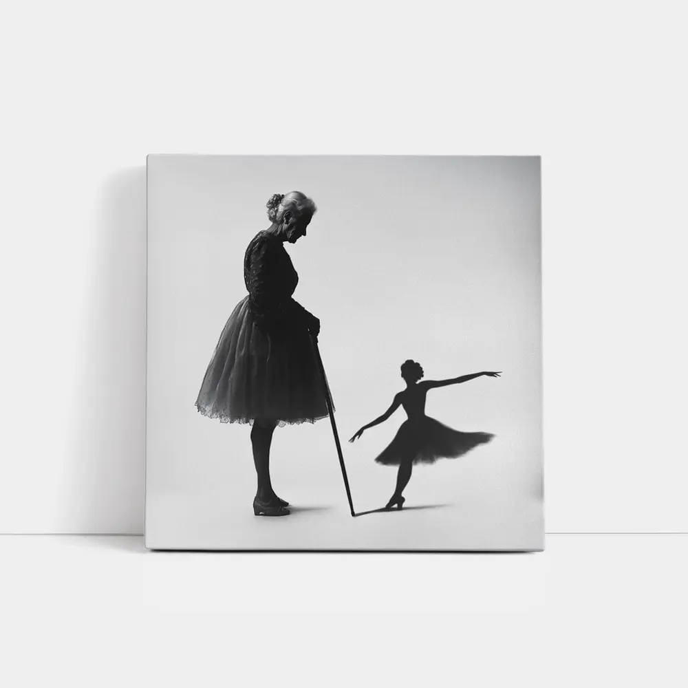 Elderly Ballerina Shadow Young Dancer Black White – Wall Art