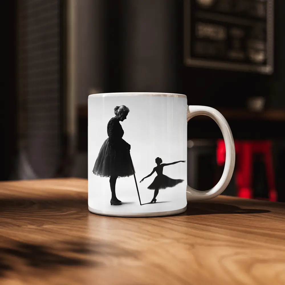 Elderly Ballerina Shadow Young Dancer Black White – Mugs