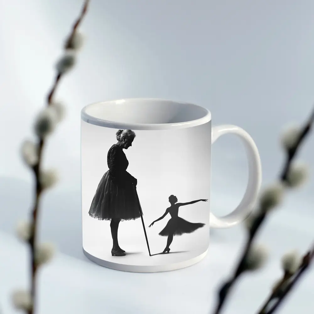 Elderly Ballerina Shadow Young Dancer Black White – Mugs