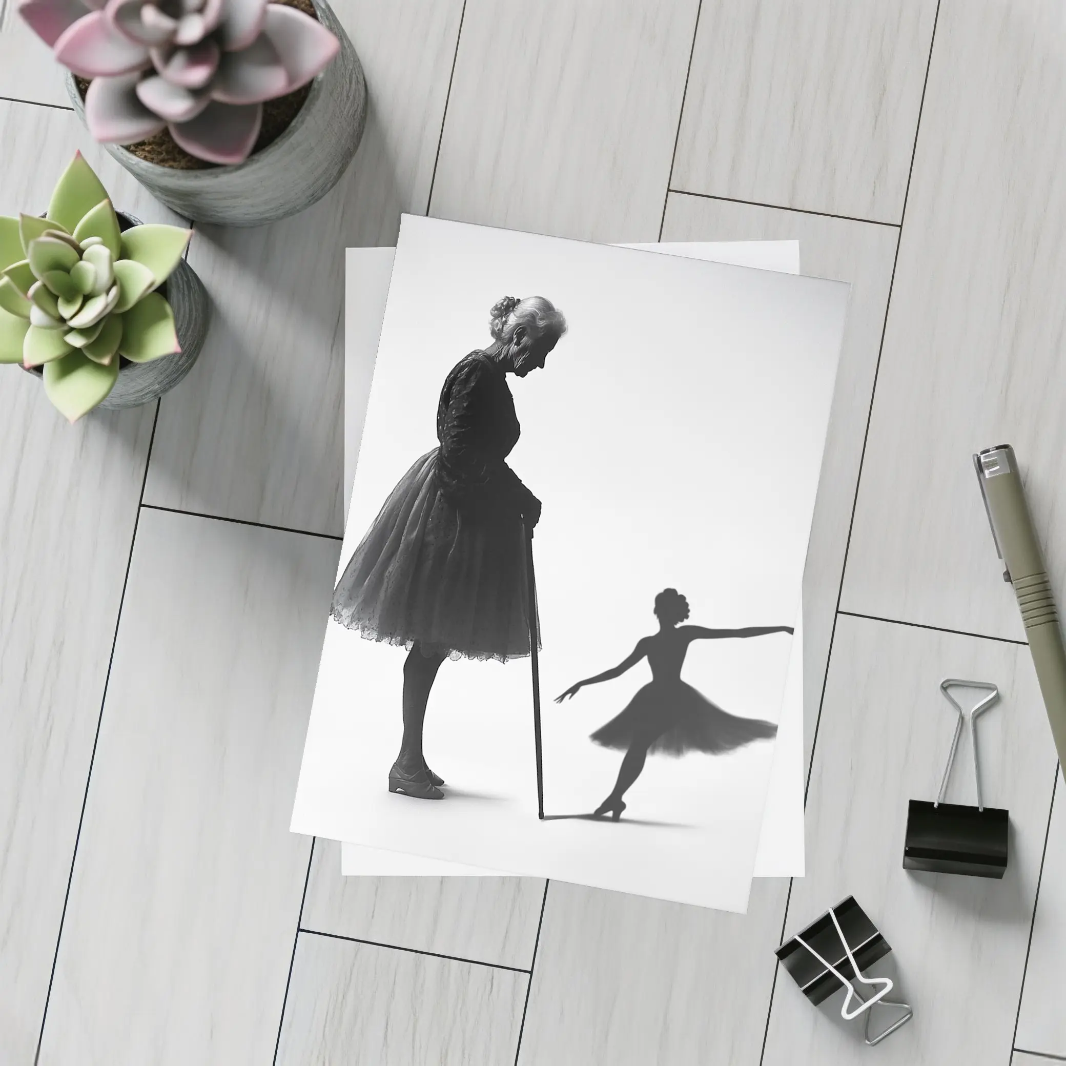 Elderly Ballerina Shadow Young Dancer Black White – Postcards