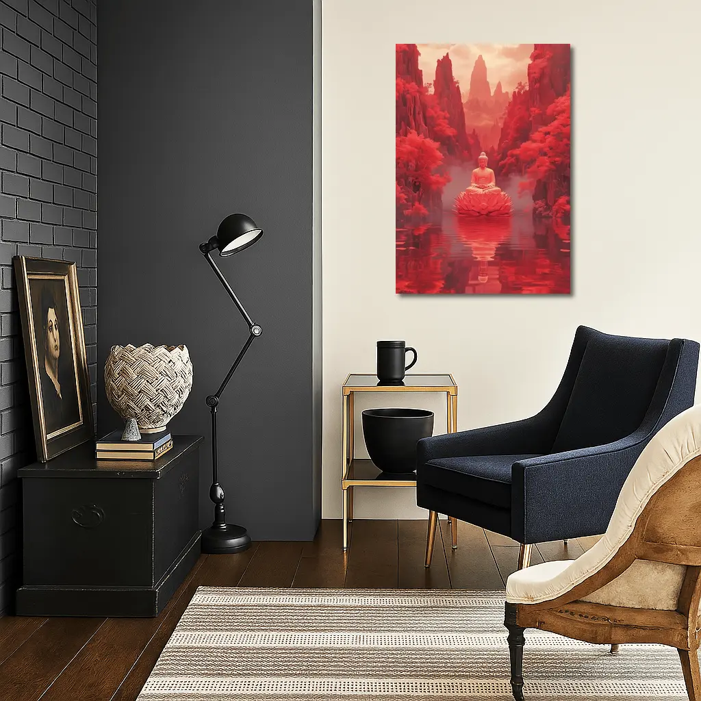 Buddha Lotus Red Misty Mountain Landscape Art – Wall Art