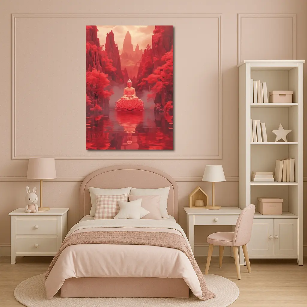 Buddha Lotus Red Misty Mountain Landscape Art – Wall Art