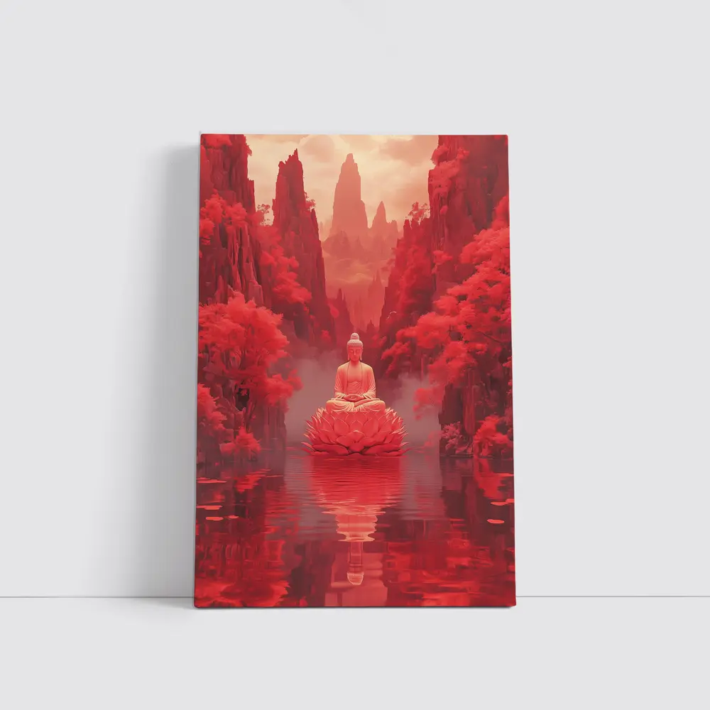 Buddha Lotus Red Misty Mountain Landscape Art – Wall Art