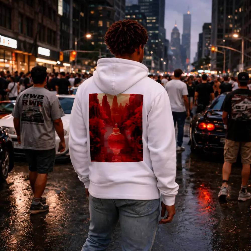 Buddha Lotus Red Misty Mountain Landscape Art – Hoodies