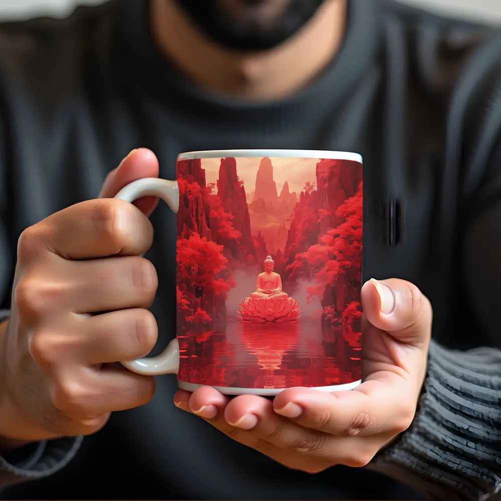 Buddha Lotus Red Misty Mountain Landscape Art – Mugs
