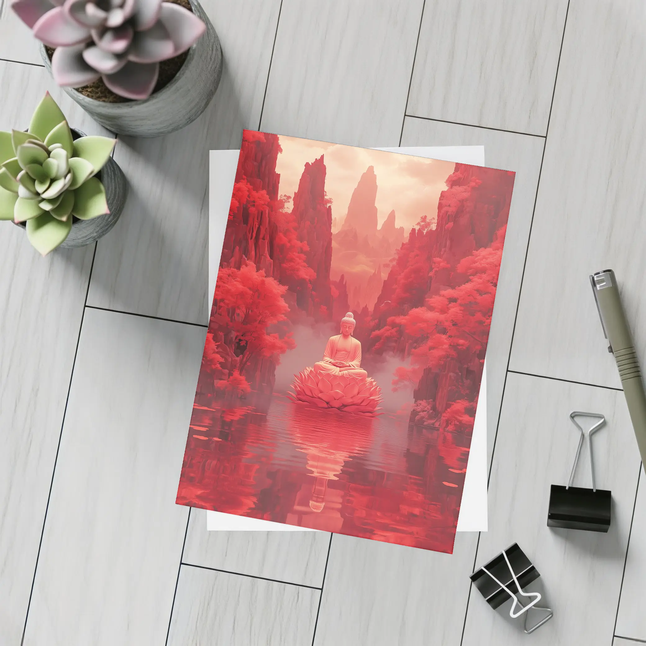 Buddha Lotus Red Misty Mountain Landscape Art – Postcards