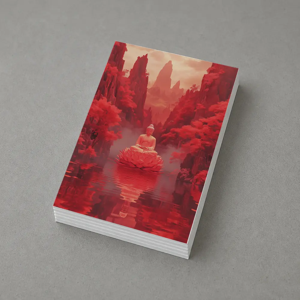 Buddha Lotus Red Misty Mountain Landscape Art – Postcards
