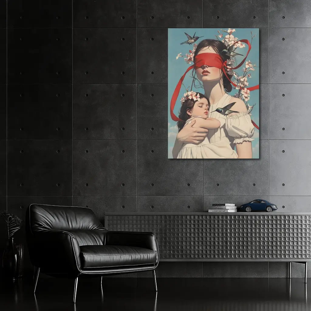 Blindfolded Woman Holding Child Hummingbirds Floral – Wall Art