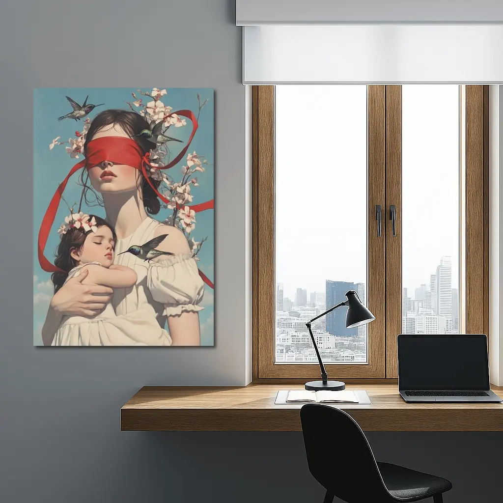 Blindfolded Woman Holding Child Hummingbirds Floral – Wall Art