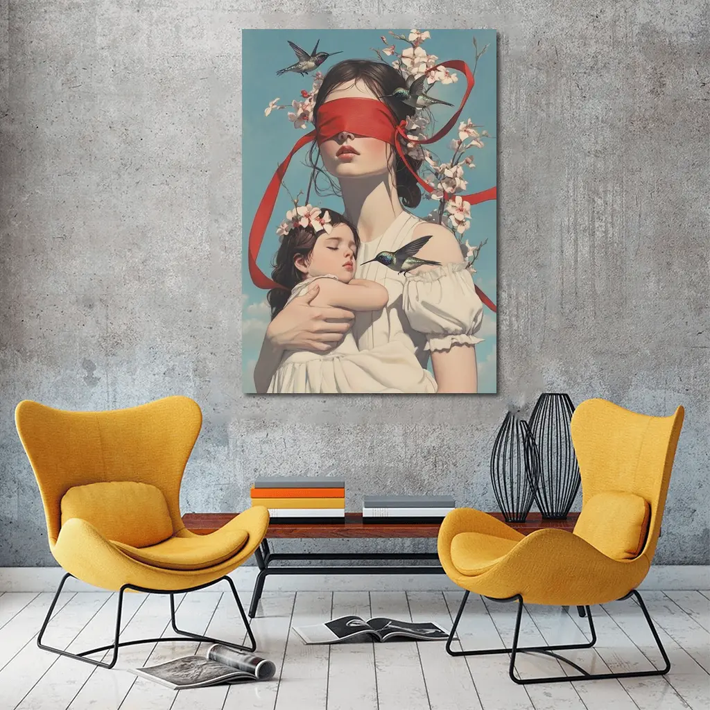 Blindfolded Woman Holding Child Hummingbirds Floral – Wall Art