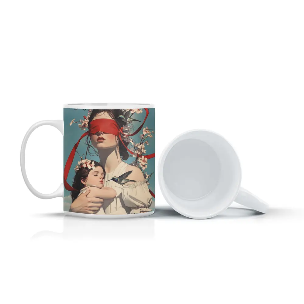 Blindfolded Woman Holding Child Hummingbirds Floral – Mugs