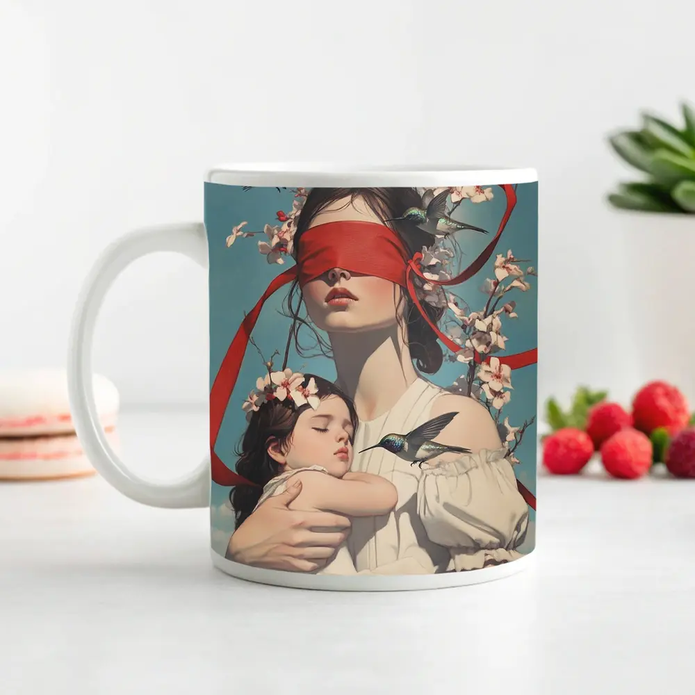 Blindfolded Woman Holding Child Hummingbirds Floral – Mugs
